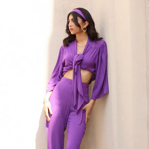 Luxueux violet amalfi ensemble coordonné hauts courts de style occidental pour les femmes pour les journées décontractées ou les soirées spéciales - Product Image 1