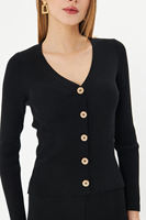 Ensemble deux pièces en tricot côtelé noir pour femmes, cardigan boutonné à col en V, pantalon long, manches longues, coupe régulière, couleur unie, à porter en toutes saisons