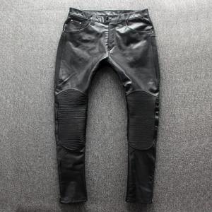 <b>Men's</b> Slim Motorcycle <b>Real</b> Cowhide Leather Pants Windproof <b>Black</b> Zipper Street Punk Style Mid Waist Plus Size 4XL 100% Canvas - Product Image 6