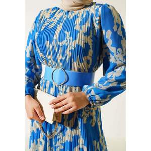 Robe Mousseline Plissée Ceinturée Bleu - Product Image 4