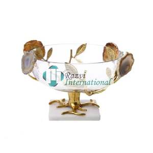 Bol en verre élégant unique avec pierre d'agate et bol de nourriture au design de feuille Bols de service aux fruits secs dorés de style design antique - Product Image 1