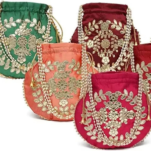 Handmade Indian Embroidered <b>Gota</b> Patti Pouch Women's Wedding Favor Return Gift Potli Bag Drawstring for New Year Ramadan Diwali - Product Image 1