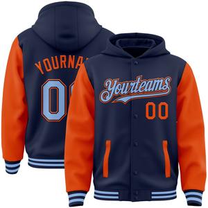 Direct Industry Wholesale Casual Winter Custom Navy Light Blue-Orange Bomber Full-Snap Varsity Letterman Two Tone <b>Hoodie</b> Jacket - Product Image 1