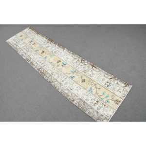 Turkish Vintage Rug, 1.9x7.6 ft <b>Runner</b> Rug, White <b>Blue</b> Abstract Rug - Product Image 1
