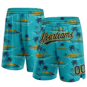 Industrie Direct Engro Pantalones cortos de baloncesto auténticos Custom Teal Navy-Yellow Hawaii Palmeras Pana sólida Cómodo - Product Image 1