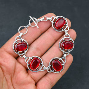 Pulsera de estilo de cadena de piedras preciosas granate rojo creada en laboratorio hecha a mano 925 Chapado en plata IGI certificado regalo de boda de lujo Unisex - Product Image 2