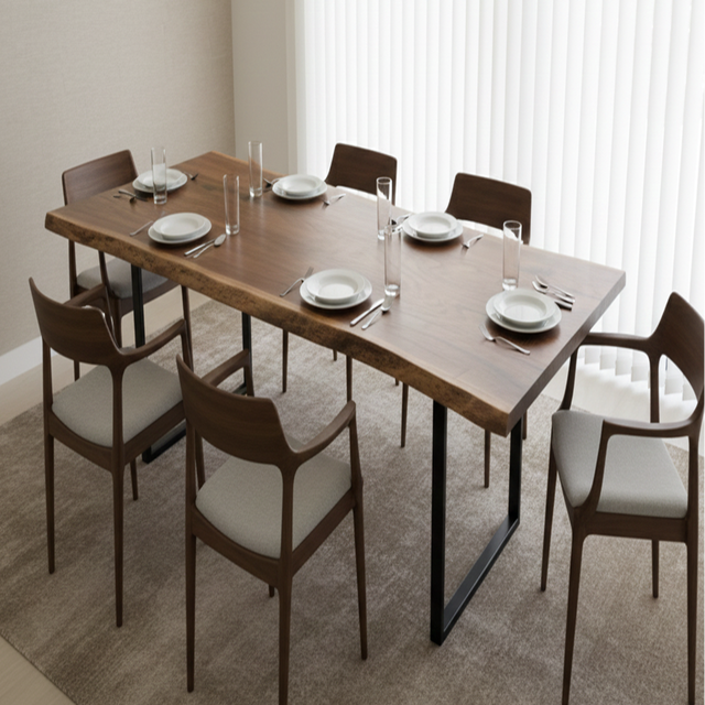 Live Edge Acacia Wood Dining Table with Natural Finish and Stainless Steel Metal Legs Design
