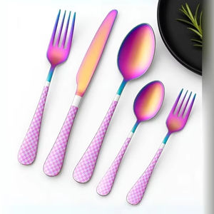 Ensemble de couverts écologiques en acier inoxydable arc-en-ciel coloré, manche à carreaux, couverts élégants pour la maison, les repas en plein air, les voyages - Product Image 1