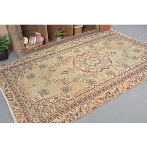 Vintage Turkish Rug 5x8.7ft Beige <b>Brown</b> Large Area Woolen Patchwork Design Rectangle Hallway Style Latex Backing for Teens - Product Image 2