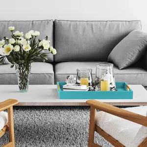 Organisateur de plateau de rangement de bureau élégant en cuir PU personnalisé bleu décoratif avec plateau à poignée dorée cadeau en cuir - Product Image 4