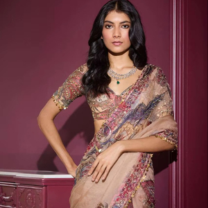 Mới thiết kế tiệc cưới tiếp nhận mặc phong cách Bollywood in Saree với trình tự và tay gương làm việc Sari với áo - Product Image 1