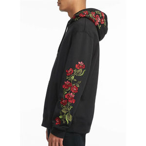 <b>Men's</b> Black 100% Cotton Oversized Autumn Zipper-Up Hoodie <b>Red</b> Floral Embroidery Sleeve Detail Drawstring Hood Kangaroo Pocket - Product Image 3