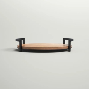 Plateau de rangement et de service rond en bois massif moderne avec poignées métalliques élégantes, design discret, idéal pour table basse, bar et maison - Product Image 4