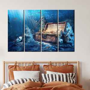 Elegante impresión en lienzo de cofre del tesoro de piratas submarinos para decoración del hogar, 4P: estirado sobre lienzo - Product Image 1