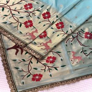 ผ้าไหมพายทานีแท้ VASTRA COTTAGE พร้อมงานปักมีนาคาริทั่วผืนและขอบผ้าขนาดใหญ่ ผ้าส่าหรีดีไซน์เนอร์แบบดั้งเดิมระดับพรีเมียม - Product Image 2