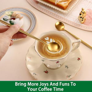 Juego de cuatro cucharas de té doradas cepilladas modernas de mango largo Agitadores de cóctel de acero inoxidable para revolver café y té - Product Image 6