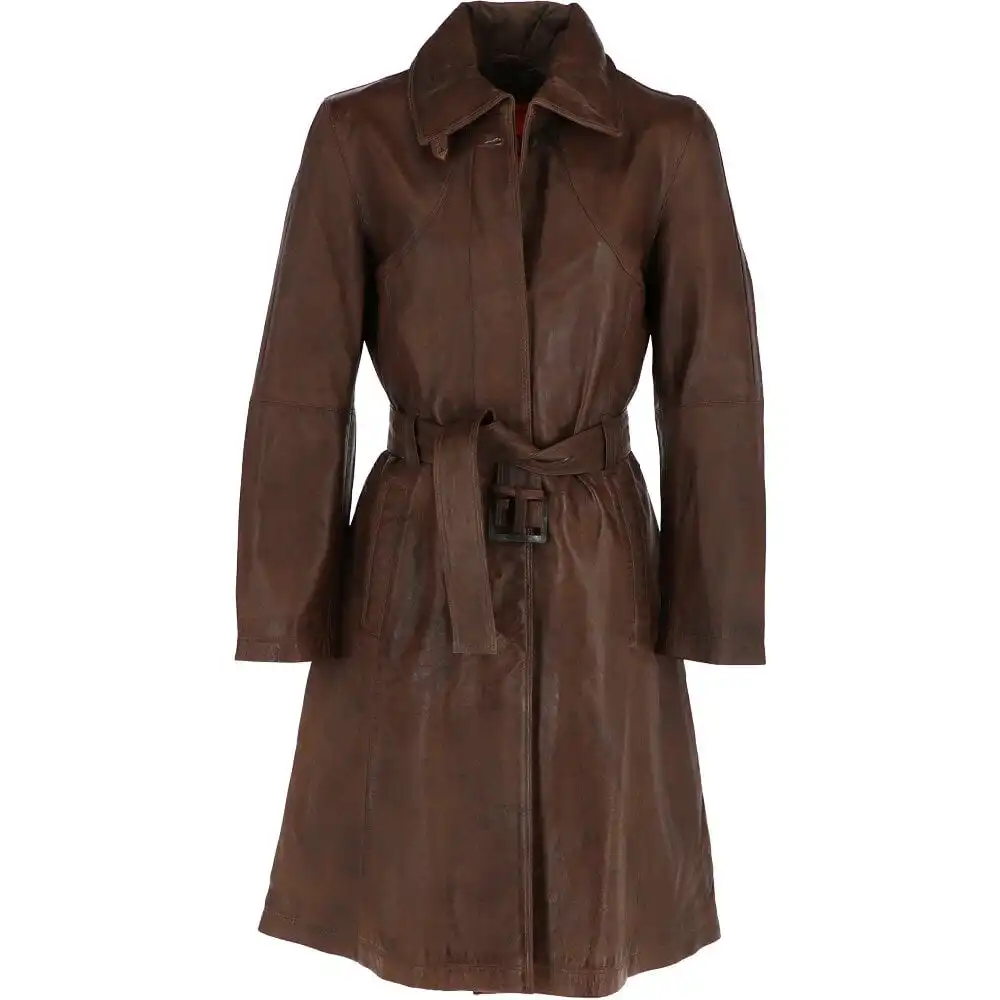100% Genuine Leather Single Breasted Calf Length Belted Leather Coat Mid Brown Women Coats