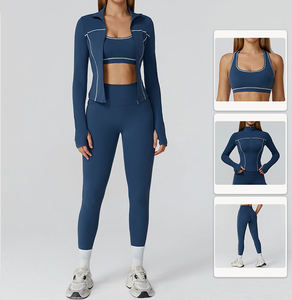 Conjunto Deportivo de 3 Piezas Personalizado para Mujer, Top Deportivo Ajustado de Manga Larga, Sujetador Deportivo, Chaqueta con Cremallera Completa para Yoga - Product Image 1