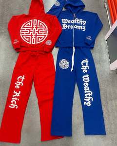 ชุดเสื้อกางเกงวอร์มมีฮู้ดแบบรูดซิปขึ้นสำหรับผู้ชายกางเกงวิ่งโอเวอร์ไซส์ผ้าคอตตอน100% ออกแบบ3D ปักโลโก้ได้ตามที่ต้องการ - Product Image 1