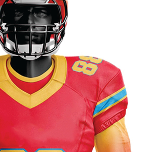 Uniforme de football américain sublimé en polyester 100% personnalisé pour hommes maillot court respirant en sergé rouge jaune - Product Image 6