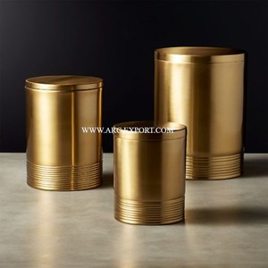 Pure Brass Material Embossed Designing Gold Plated Modern Tea Coffee Canister Kitchen Ware Tin Pots Set Of 3 Stylish Tin Pots - Product Image 6