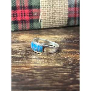 Sterling Silver <b>Ring</b> with Man-Made <b>Blue</b> <b>Opal</b> Inlay Gold & Rhodium Plated Fashionable Gift - Product Image 4