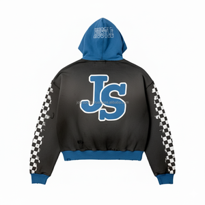 Haute Qualité 380 GSM Coton Polyester Fermeture Éclair À Capuche Bleu Capuche Poche Noir Corps Checker Panneau Personnalisé Chenille Logo Basics À Capuche - Product Image 4