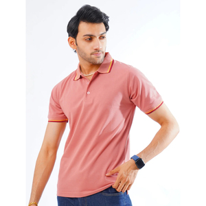 Men's Solid Color Short Sleeve Polo <b>Shirt</b> Cotton Pique Casual Wear Pink with Yellow Trim Collar and Cuffs - Product Image 4