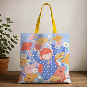 Happy Girl Solid Color <b>Canvas</b> Tote <b>Bag</b> with Zipper <b>Drawstring</b> Closure Customizable Logo Portable Cotton Lining for All Seasons - Product Image 1