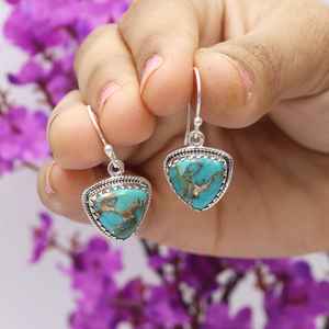 Superb Blue Copper Turquoise Gemstone Trillion Cabochon Vintage Baho Solid 925 Sterling <b>Silver</b> Plated <b>Dangle</b> Drop Womens <b>Earring</b> - Product Image 4
