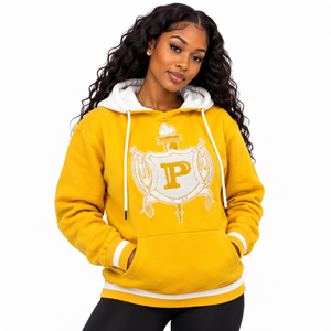 Sweat-shirt à capuche unisexe jaune Philo Prep avec broderie du blason, en molleton, poche kangourou, poignets côtelés, vêtement décontracté et tendance - Product Image 1