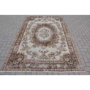 Alfombra turca Vintage de 5,5x8,4 pies, marrón, Beige, lana de retazos, área grande, rectángulo, estilo clásico Tabriz para sala de estar, látex - Product Image 1