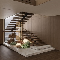 Escalier flottant moderne de luxe, escalier en bois sur mesure avec garde-corps en verre pour la décoration intérieure de villa