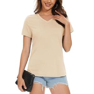 Diseño OEM personalizado 100% algodón sólido Luz color albaricoque manga corta cuello en V de talla grande camiseta promocional para mujer de Bangladesh - Product Image 1