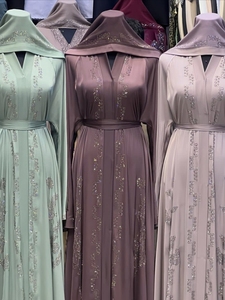 Wholesale Modest Dubai Beaded <b>Sequined</b> Long Sleeve Abaya Muslim Traditional Handmade Wedding Women Polyester Breathable V Neck - Product Image 4