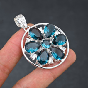 จี้พลอยอะพาไทต์สีน้ำเงินสำหรับผู้หญิงทำมือ925ชุบเงินดีไซน์เนอร์ของขวัญจากแล็บ - Product Image 6