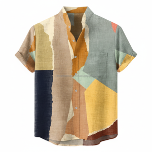 Camisa Casual de Verano para Hombre, Diseño Abstracto con Bloques de Color, Manga Corta, Algodón y Lino Transpirable, Cuello con Banda, Botones - Product Image 4