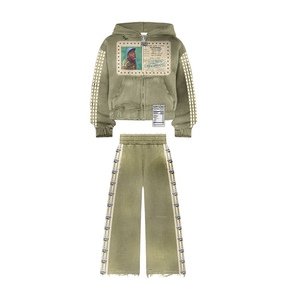 Survêtement streetwear de luxe avec strass, veste zippée intégrale, bandes latérales, pantalon large, étiquette de marque personnalisée - Product Image 6