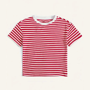 Top corto a rayas para mujer con logotipo personalizado, venta al por mayor, Camiseta de algodón de manga corta informal bonita, transpirable, moda, uso diario - Product Image 1