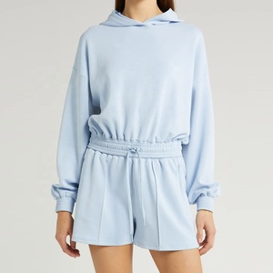 Sudadera con capucha ajustada y pantalón de correr para mujer con logotipo personalizado Conjunto de tejido con logotipo frontal de manga larga y cremallera para invierno - Product Image 1