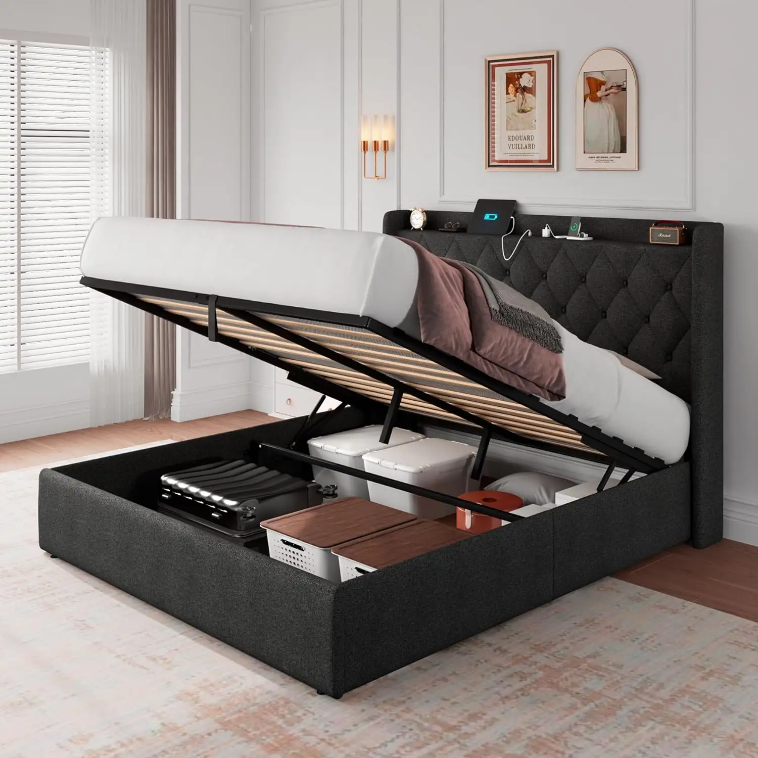 DI DAT आधुनिक डिजाइन शैली किंग साइज लकड़ी का बेड फ्रेम बेडरूम के लिए USB पोर्ट और सॉकेट, अंडरबेड स्टोरेज, RGB एलईडी लाइटिंग