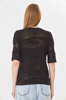 Blusa de punto con encaje y estampado de rosas para mujer - Top suave de manga corta con cuello redondo y botón trasero - Prenda de punto floral de verano