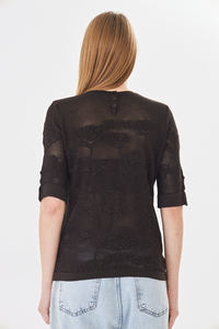 เสื้อถักลูกไม้ลายดอกกุหลาบสำหรับผู้หญิง - เสื้อคอกลมแขนสั้นเนื้อนุ่มพร้อมกระดุมด้านหลัง - เสื้อถักโครเชต์ลายดอกไม้สำหรับฤดูร้อน - Product Image 4