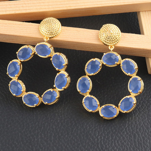 Boucles d'oreilles à facettes ovales bleues calcédoine Multi pierre broches ensemble ravissant plaqué or boucles d'oreilles pendantes boucles d'oreilles - Product Image 4