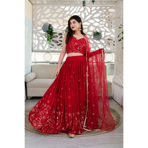 Conjunto de ropa de fiesta lehenga roja Premium para ceremonias indias, disponible a precios de fábrica en pedidos al por mayor a granel. - Product Image 1