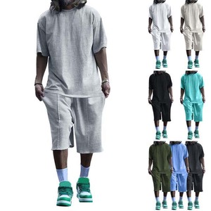 Traje de 2 piezas, camisetas de algodón y conjuntos de pantalones cortos, ropa informal de verano, estilo de calle, transpirable, 100% conjuntos de algodón para hombres - Product Image 1