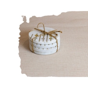 Marble <b>and</b> Mother of Pearl Inlay <b>Coasters</b> <b>Set</b> Tea <b>and</b> Coffee Tabletop Pad for Bar Occasions - Product Image 1