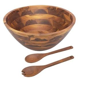 Juego de cuencos para servir de madera maciza de primera calidad en diseño antiguo con acabado natural perfecto para ensalada de frutas y comedor de mesa - Product Image 1