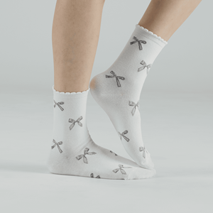 Chaussettes en coton tricoté respirantes pour femmes - Motif imprimé mignon avec nœud en ruban - Chaussettes décontractées coréennes pour tous les jours - Icône B - Product Image 3
