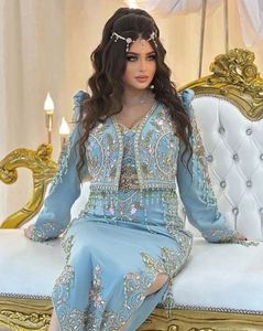 Impresionante bordado de diseñador en chaqueta azul cielo y vestido karakou con cuentas de cristal adornadas, piedra, trabajo dabka @ 2024 - Product Image 1
